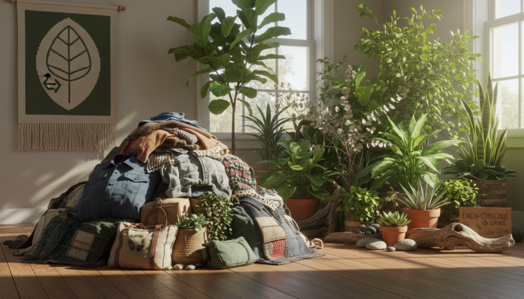 earth-friendly upcycling concept with natural elements and repurposed clothes