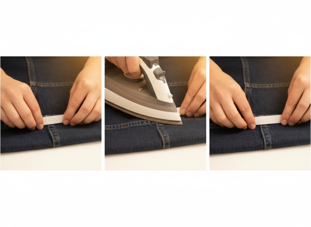 easy DIY clothing hacks showing hem repair technique on jeans