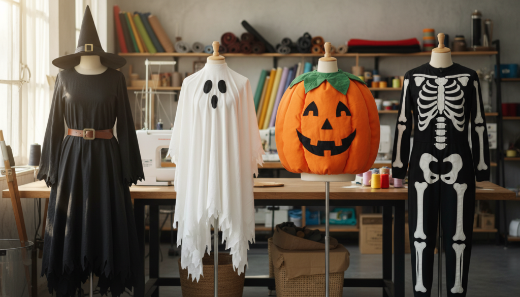 easy halloween sewing projects for costumes including witch hat and ghost costume