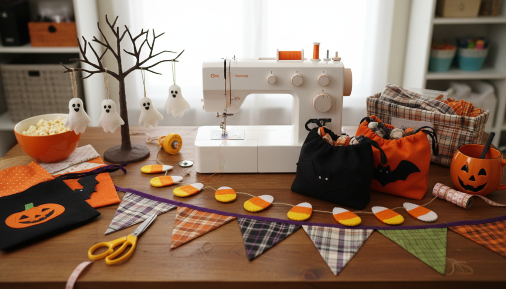 easy halloween sewing projects including candy corn decorations and ghost ornaments