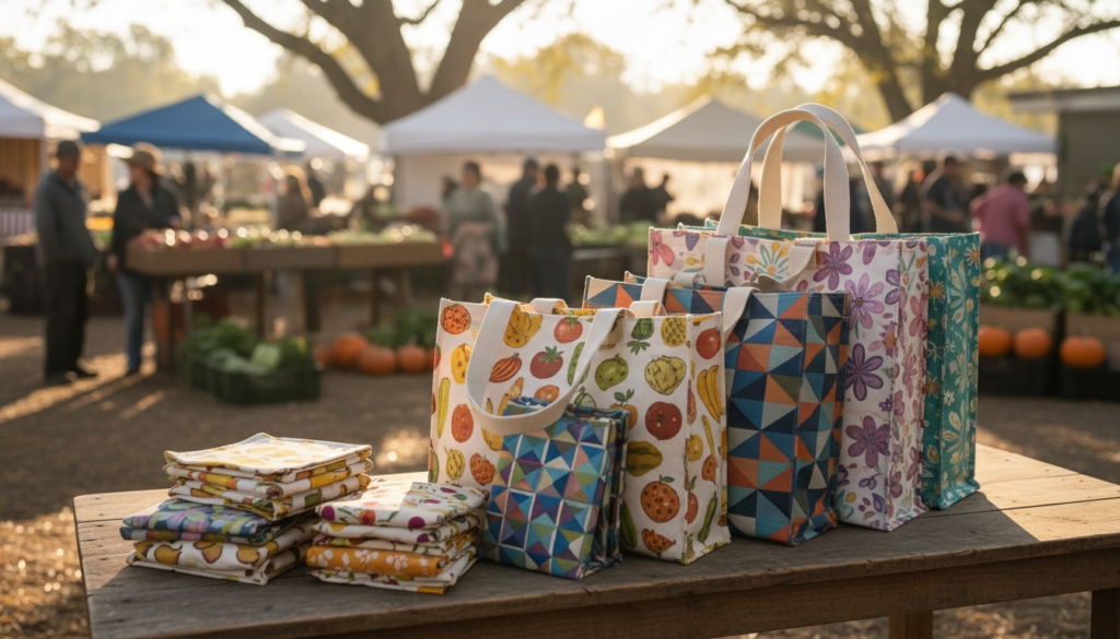 eco-friendly reusable fabric shopping bags in various sizes and designs