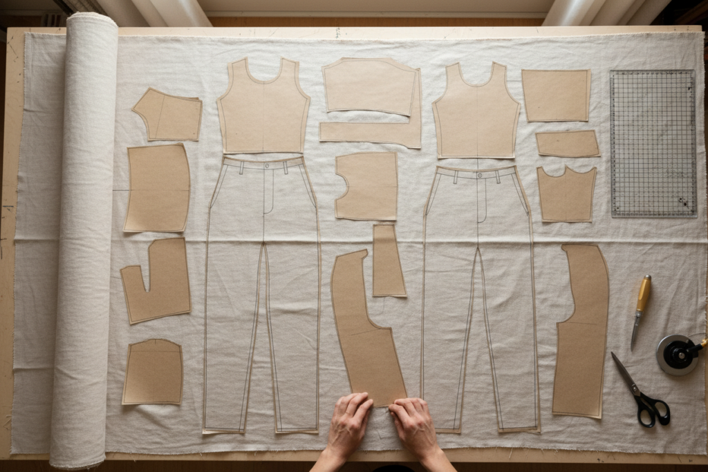 efficient fabric layout showing minimal waste cutting