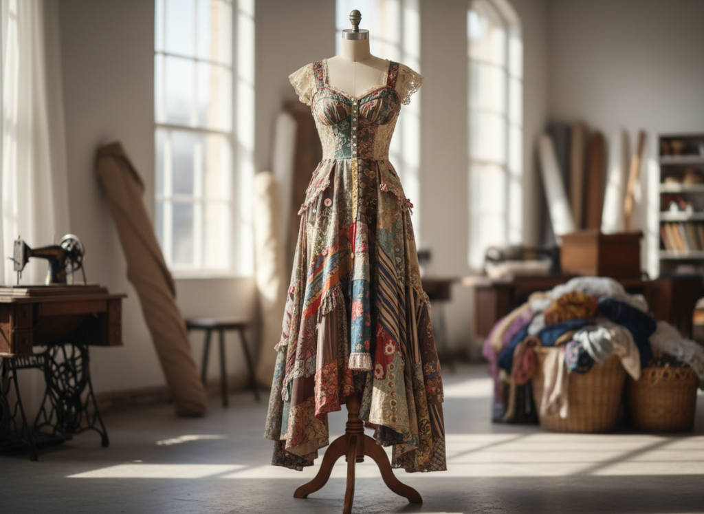 elegant maxi dress created from upcycled clothing pieces
