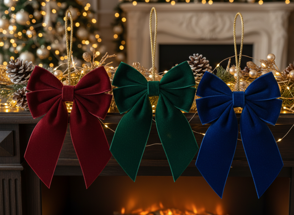 elegant velvet ribbon bow ornaments in jewel tones