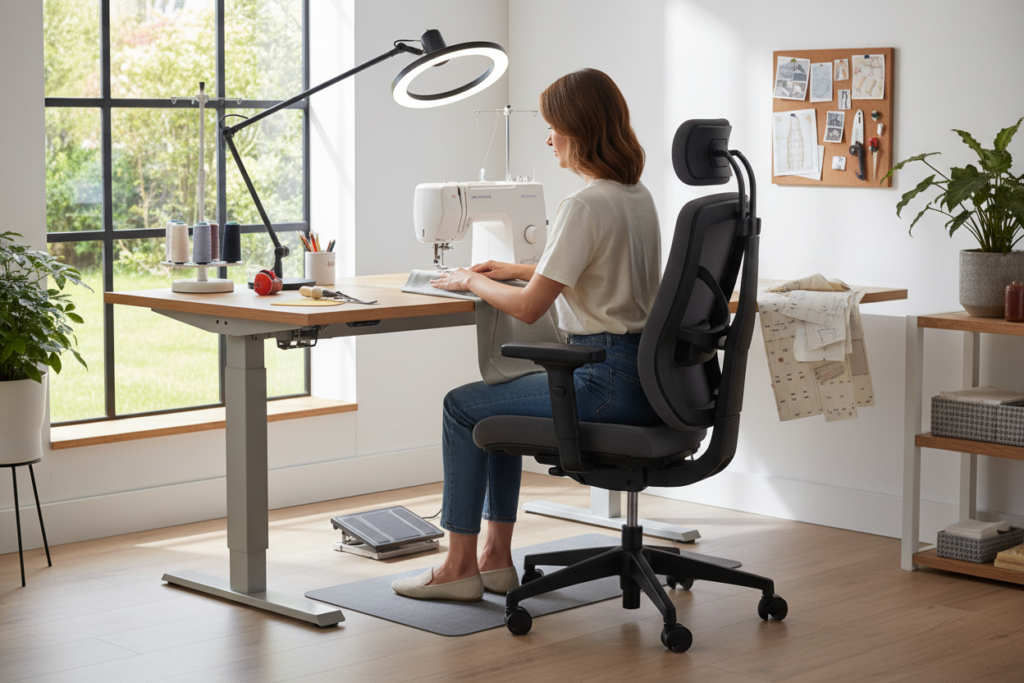 ergonomic sewing chair and adjustable height desk setup