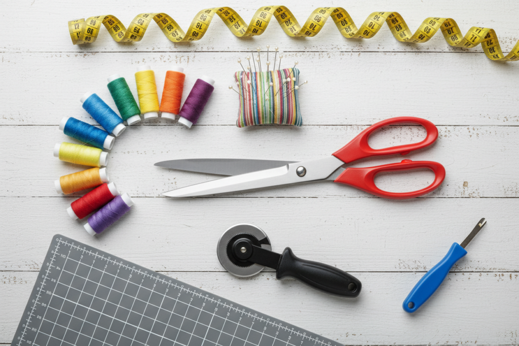 essential beginner sewing supplies laid out neatly including scissors, thread, pins, and measuring tape