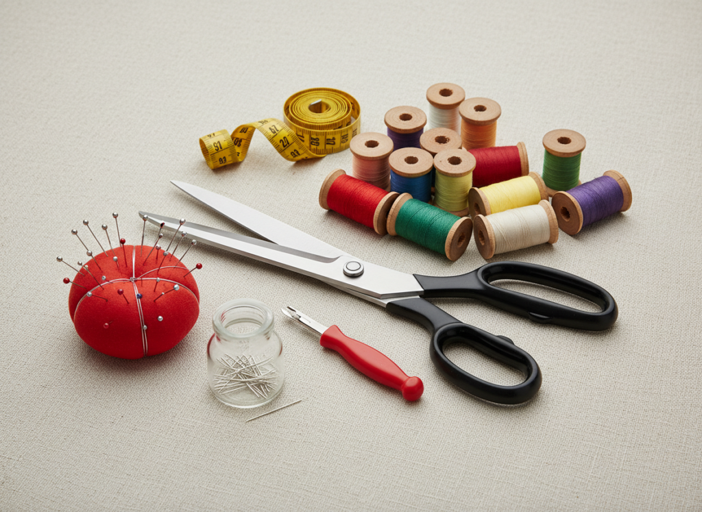 essential beginner sewing tools including scissors thread and measuring tape
