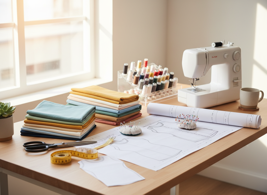 essential sewing supplies and fabrics for beginner sewing projects tops arranged neatly