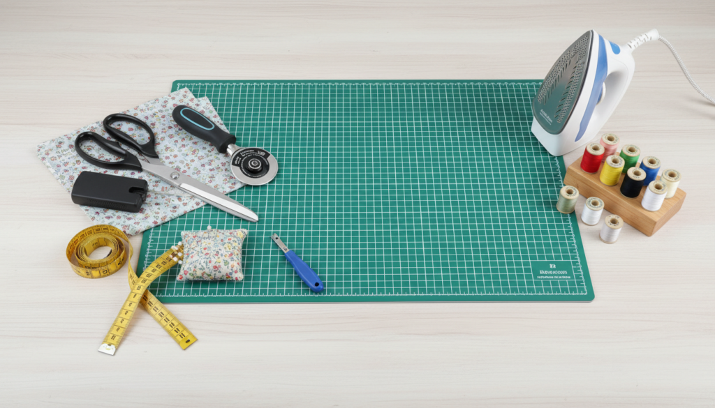 essential sewing supplies for bag making including fabric scissors and measuring tools