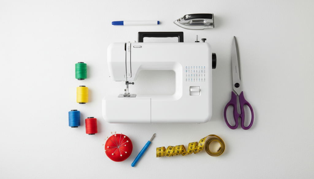 essential sewing supplies for beginners arranged neatly on table