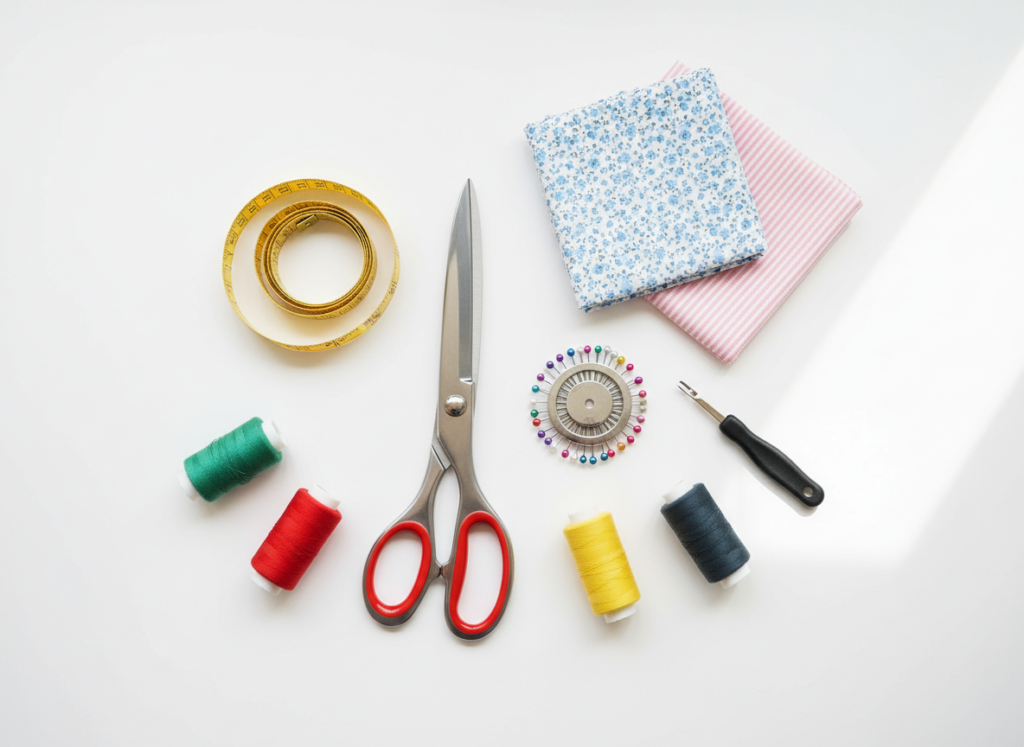 essential sewing supplies for beginners laid out neatly