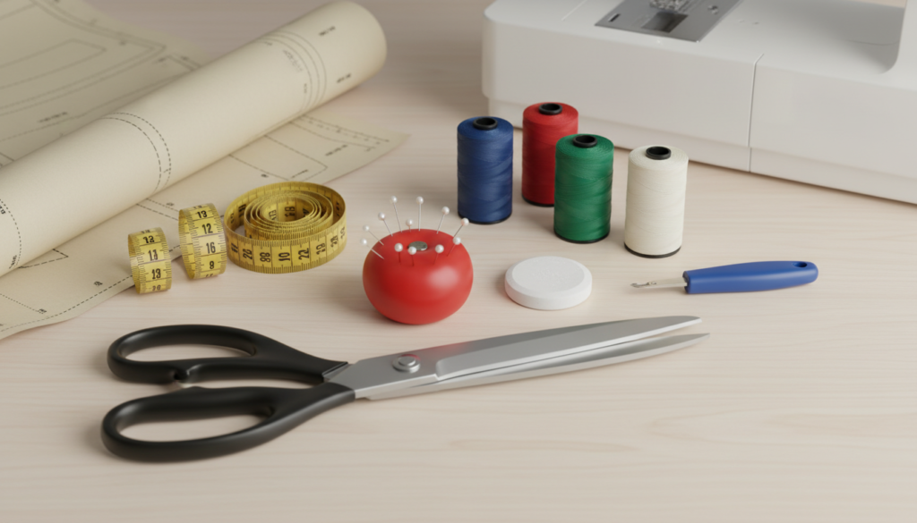 essential sewing tools and supplies laid out on table