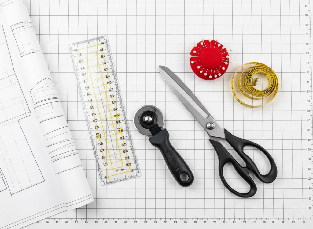 essential sewing tools including rotary cutter, ruler, fabric scissors, and pins