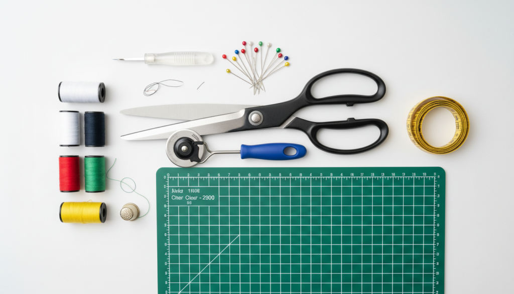 essential sewing tools laid out on table