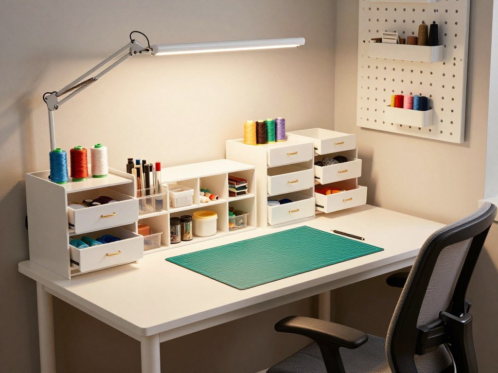 essential sewing workspace with drawer storage and organized supplies