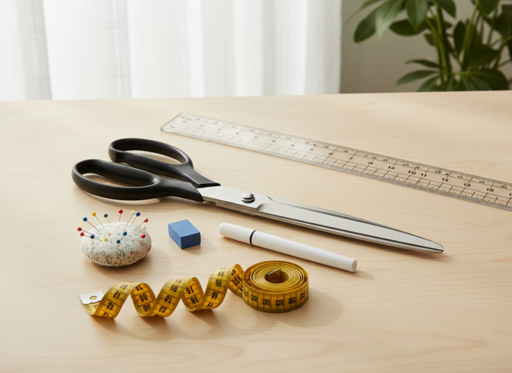 essential tools for DIY shirt cutting including fabric scissors, chalk, and measuring tape