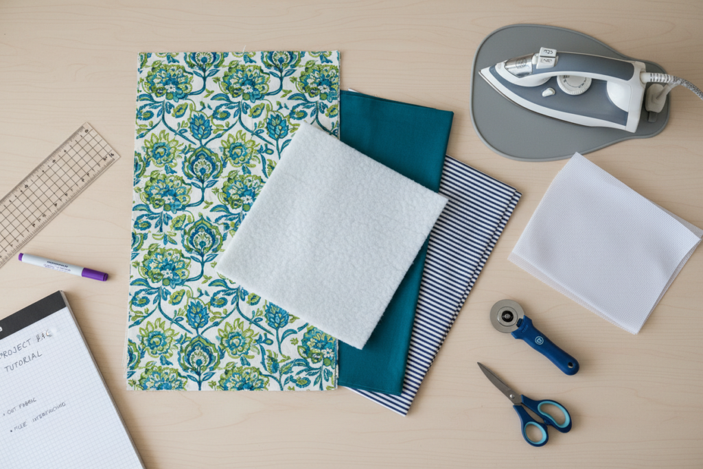 fabric and fusible fleece layers for project bag construction