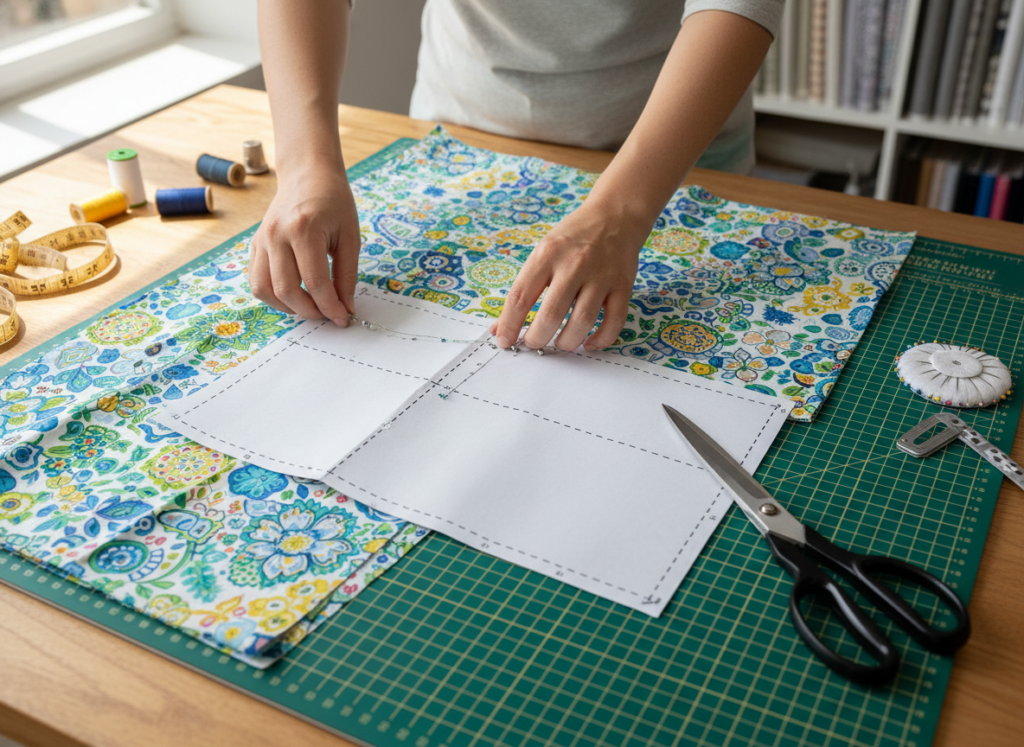 fabric being cut for barbie doll clothes using pattern