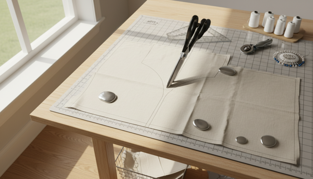 fabric being cut on large table with pattern pieces pinned