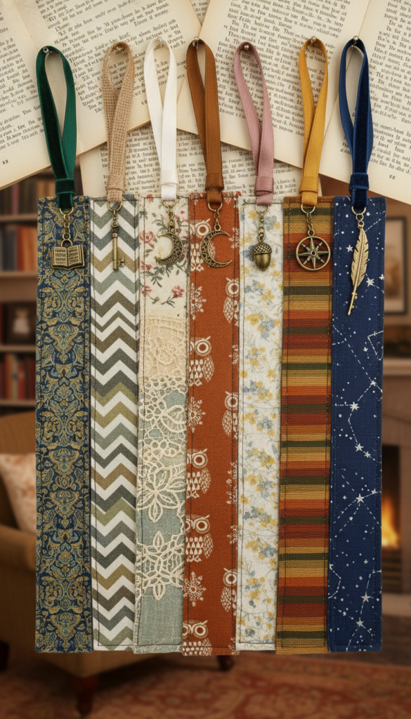fabric bookmarks with ribbon accents for book lovers