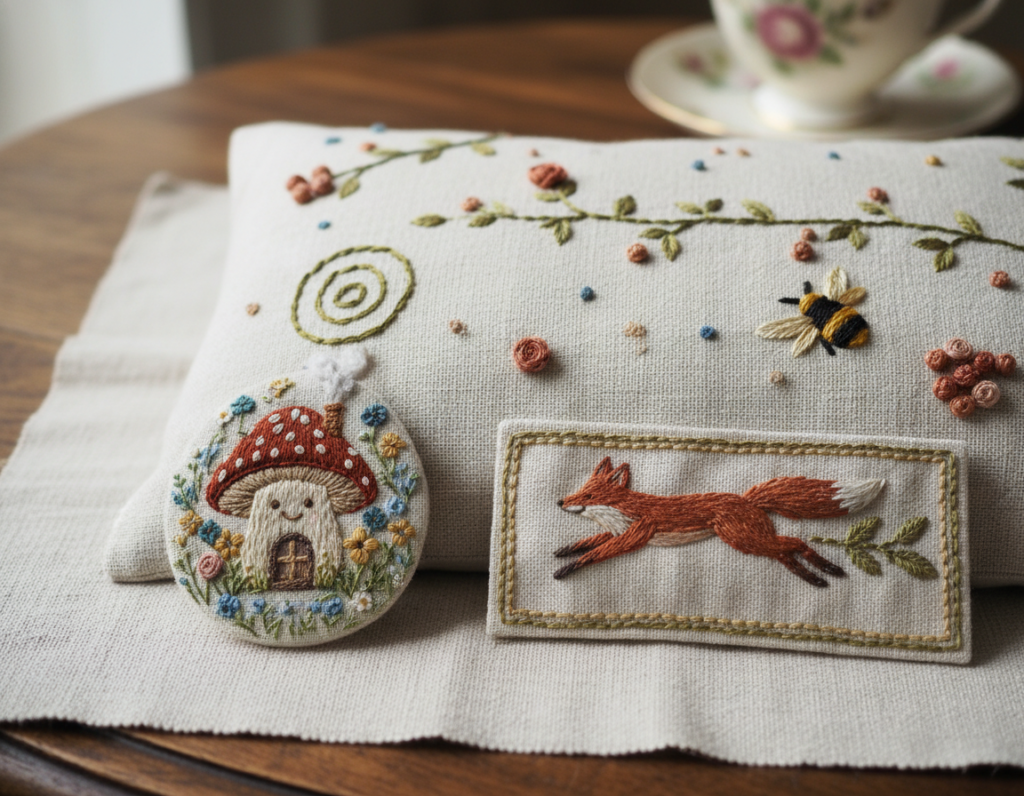 fabric items with hand embroidery and decorative embellishments