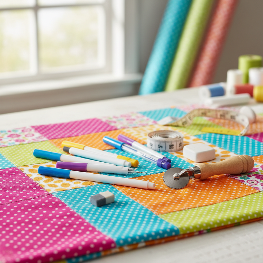 fabric marking pens and chalk on colorful fabric