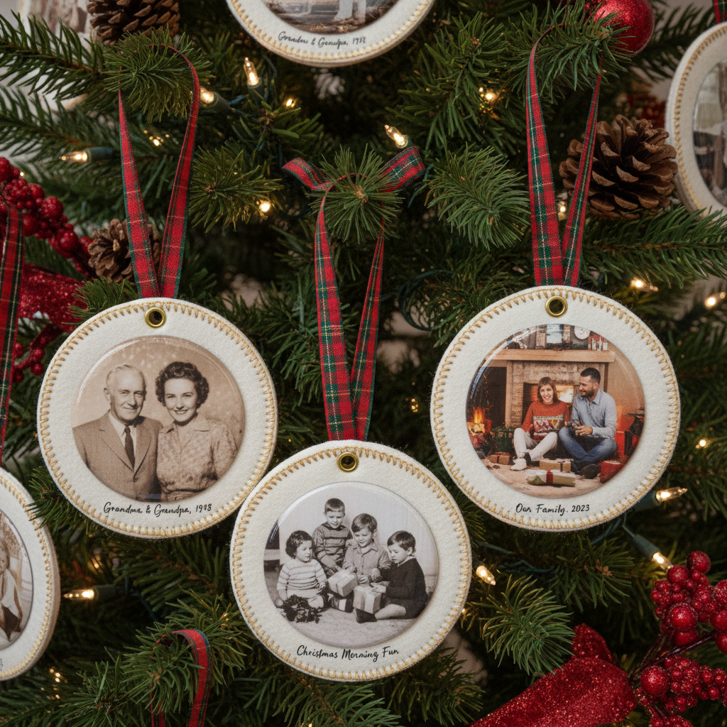 fabric ornaments with transferred family photos