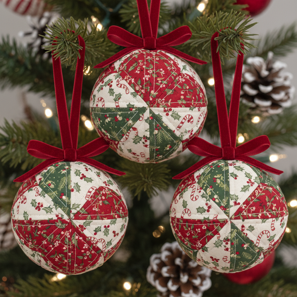 fabric patchwork ball ornaments in various Christmas patterns