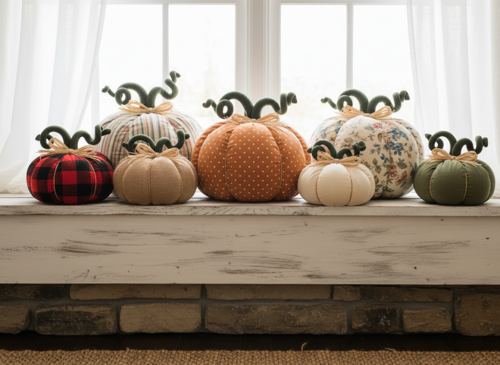 fabric pumpkins halloween sewing projects in various sizes and patterns