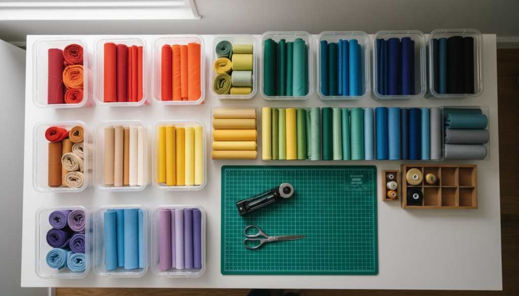 fabric scraps organized by color for efficient sewing project planning