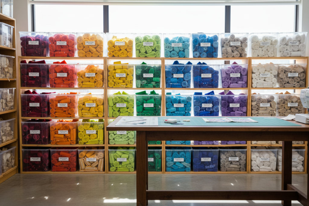 fabric scraps organized by color in clear bins