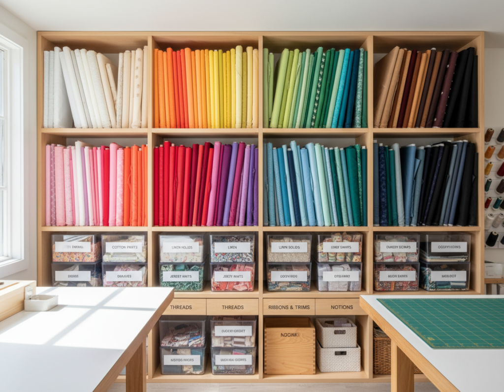 fabric storage shelves organized by color spectrum