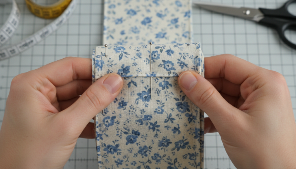 fabric strip being folded for strap construction