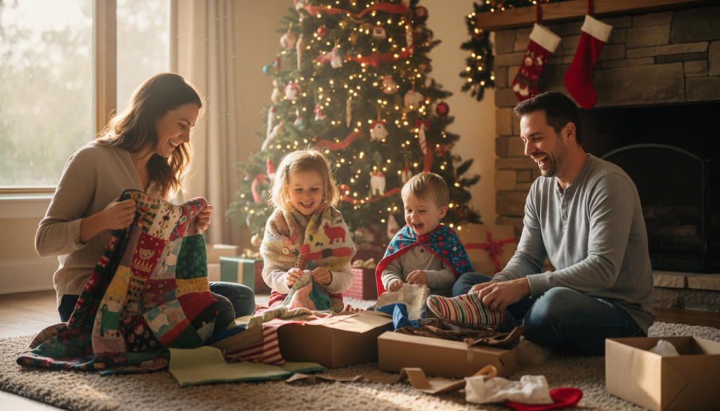 family enjoying handmade sewn Christmas gifts together on holiday morning