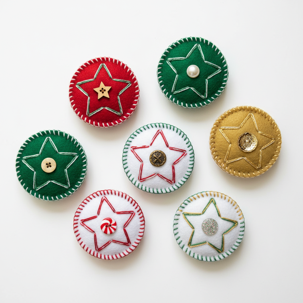 felt star ornaments in multiple colors with decorative stitching laid flat on white background