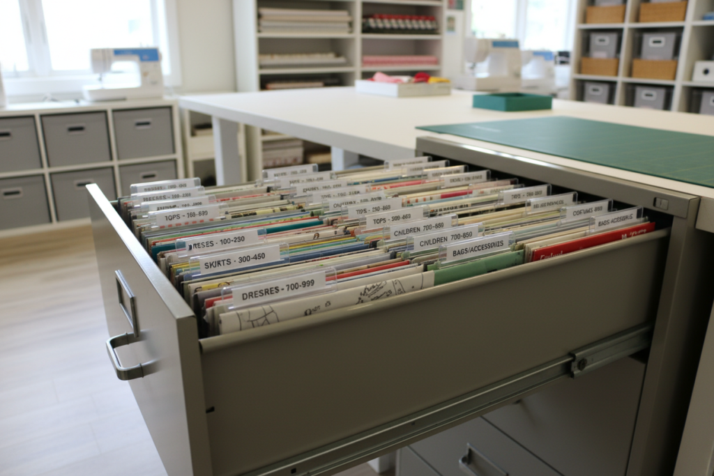 filing cabinet with organized sewing patterns in hanging folders