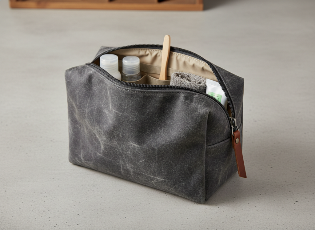 finished box zipper pouch toiletry bag in masculine fabric colors