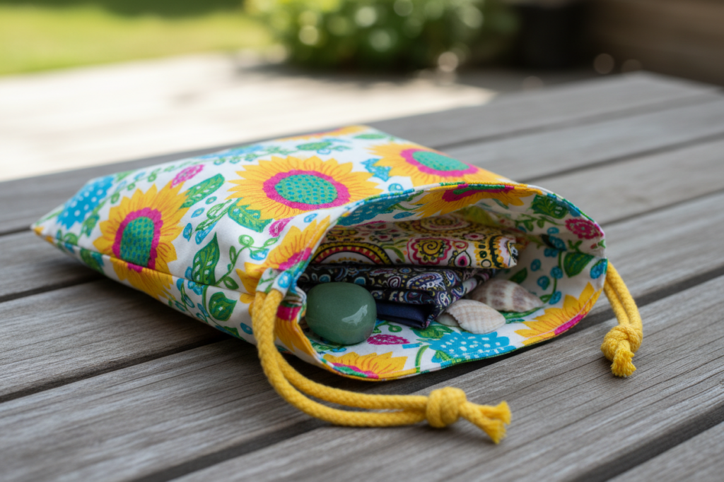 finished drawstring bag in colorful cotton fabric