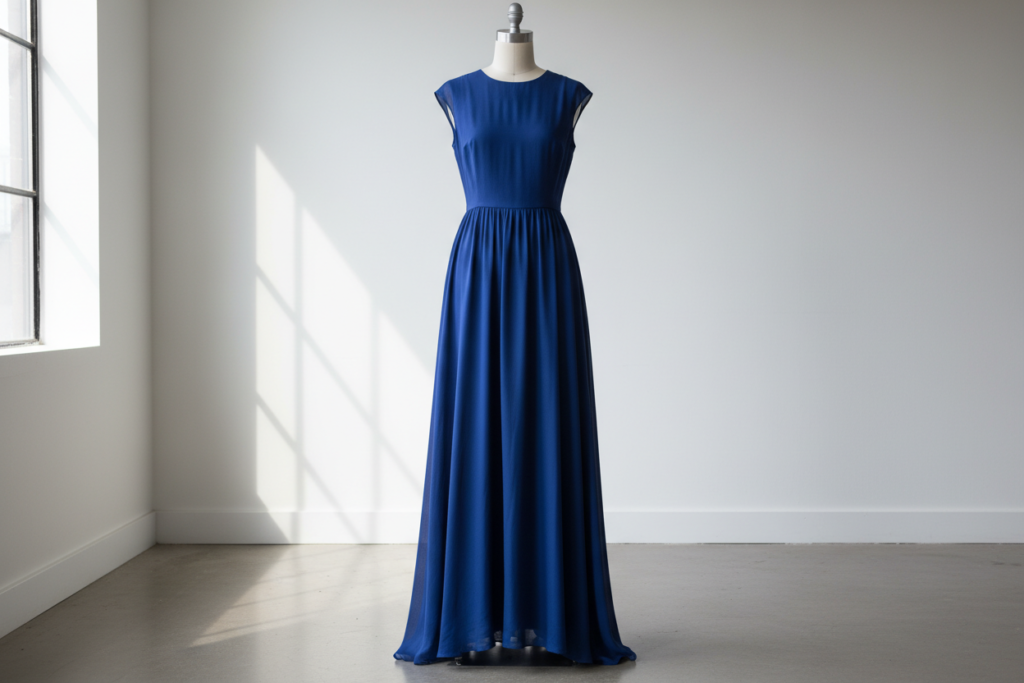 finished maxi dress on dress form