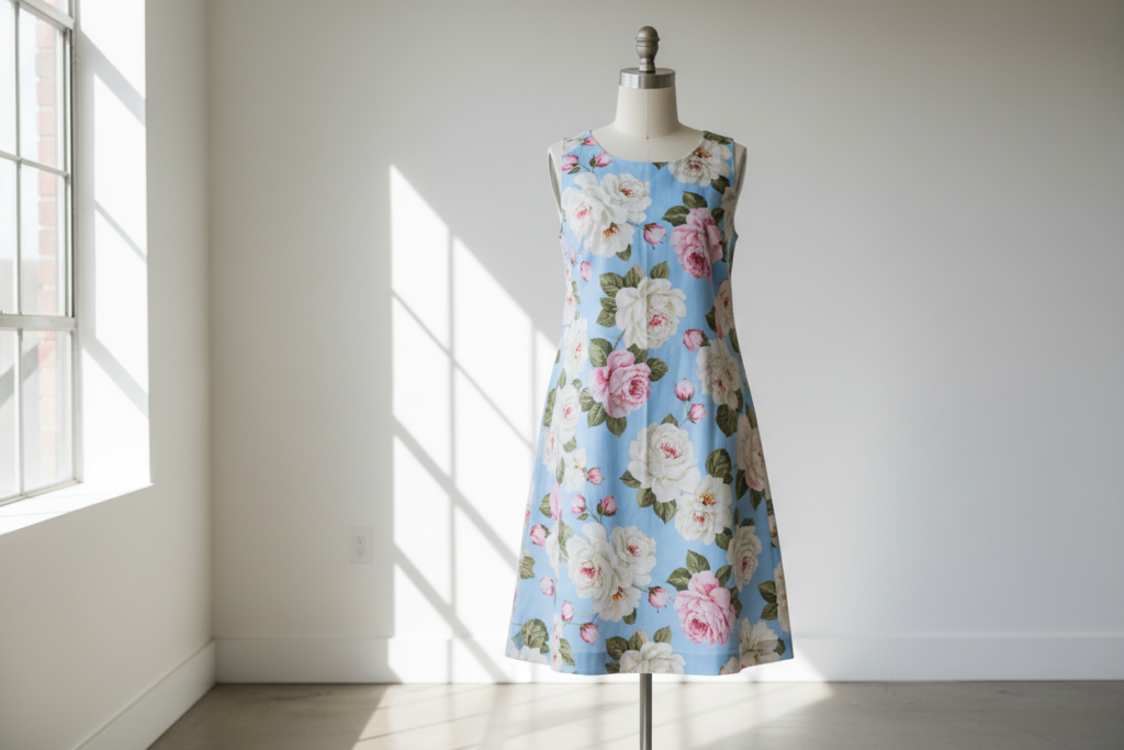 finished simple summer dress on dress form