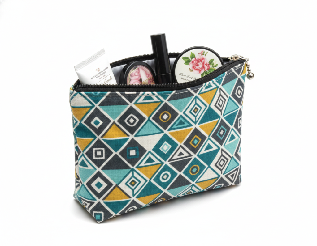 finished zippered pouch in patterned fabric