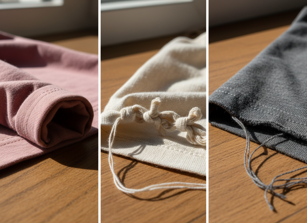 finishing techniques for DIY shirt projects including edge rolling and knotting