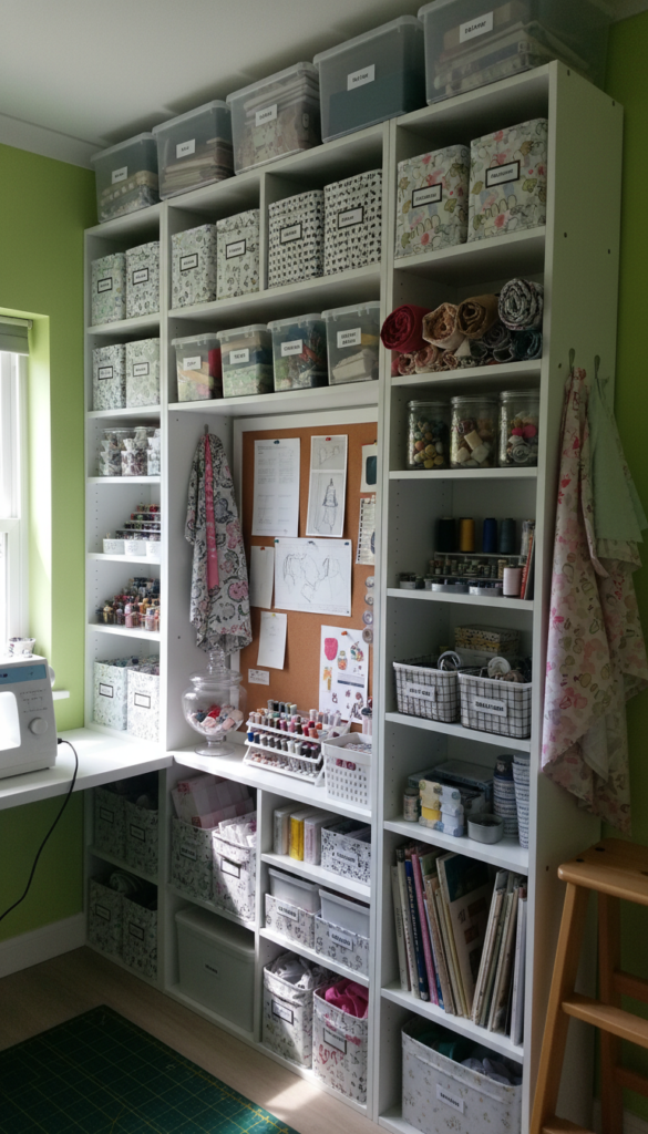 floor to ceiling storage shelves filled with organized sewing supplies
