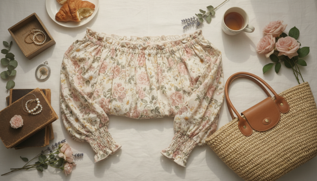 floral peasant blouse with ruffle neckline and elasticated sleeves