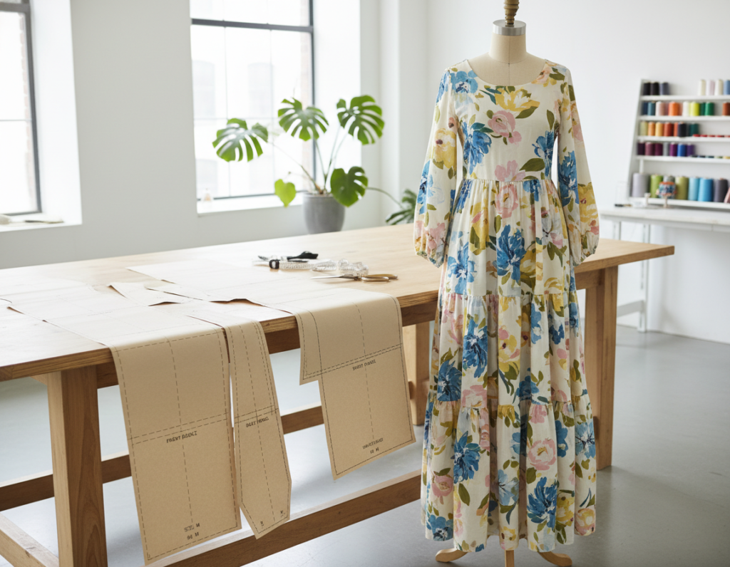 flowing maxi dress pattern and finished garment