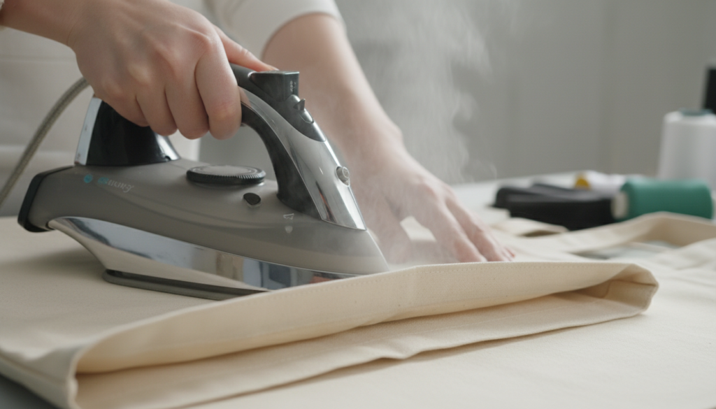 folding and pressing top edge of tote bag