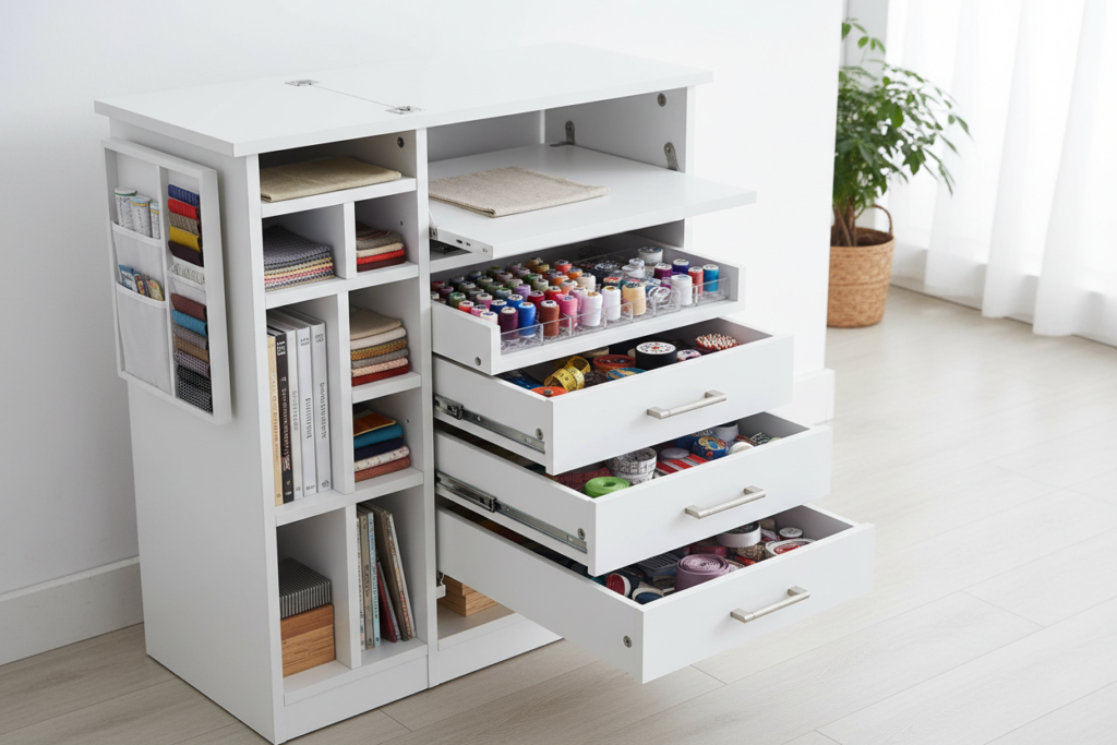 folding sewing cabinet with storage compartments