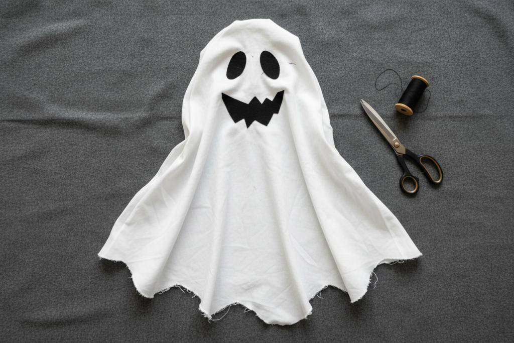 free halloween sewing pattern for ghost costume with face cutouts
