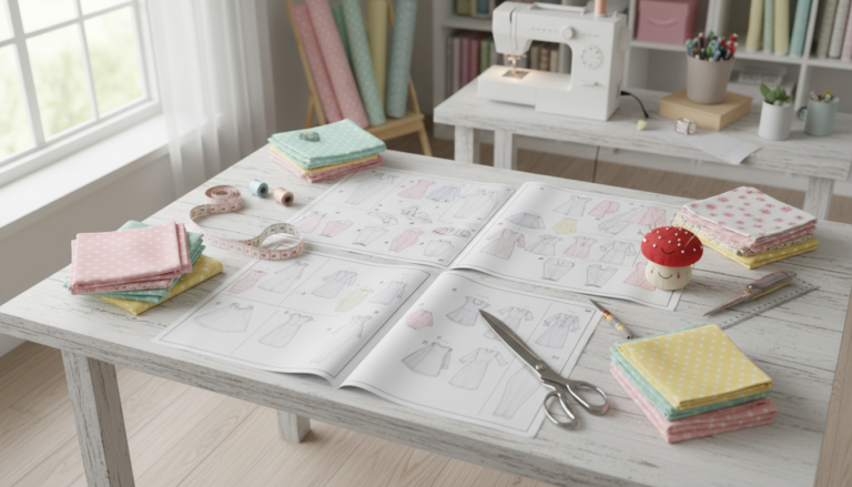 free sewing patterns for beginners displayed on a bright crafting table with colorful fabrics and sewing tools