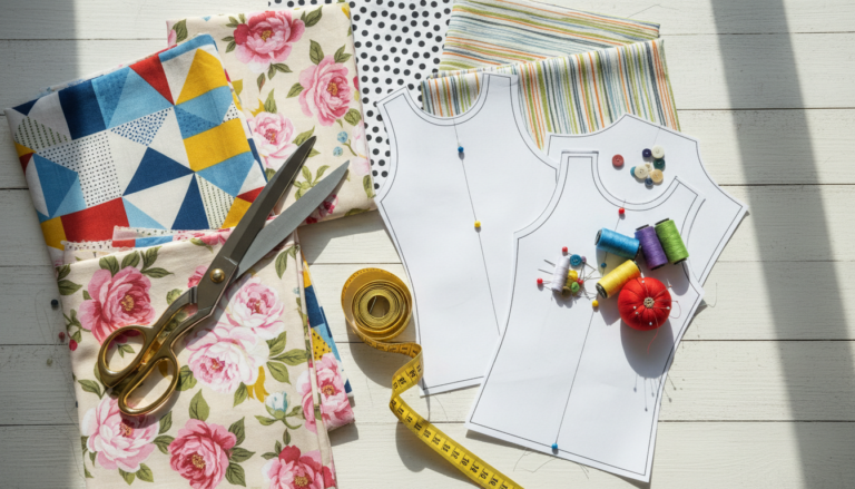 free sewing patterns tops colorful fabric collection with sewing tools and pattern pieces